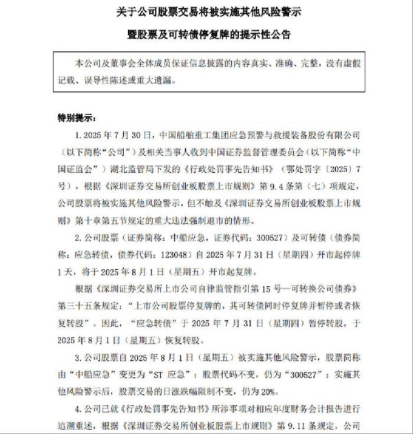 专业股票配资网 央企军工股中船应急突遭ST，董事长、总经理等同步被罚